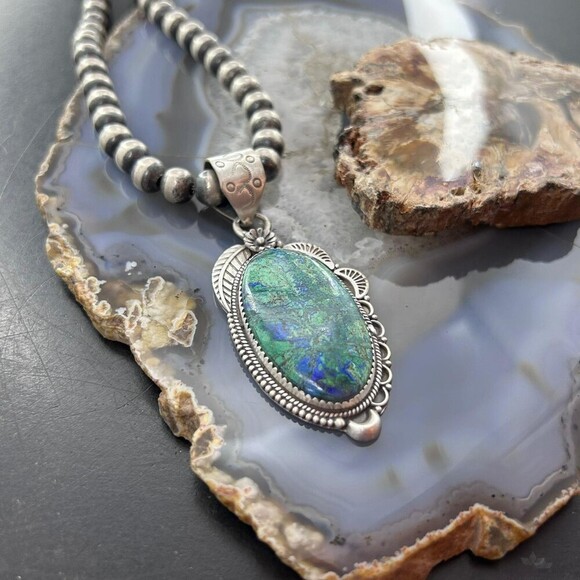 Sterling Southwestern Style Elongated Chrysocolla Decorated Pendant For Women - Picture 6 of 10